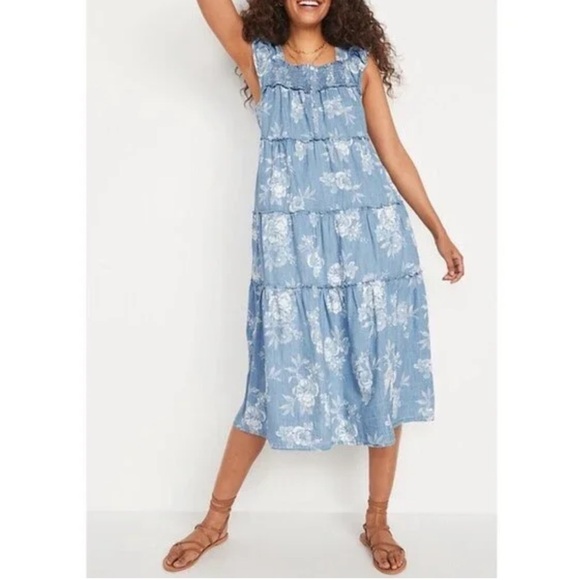Old Navy Blue Floral Tiered Smocked Midi Dress Medium Flutter Sleeve Cottagecore - Picture 4 of 11
